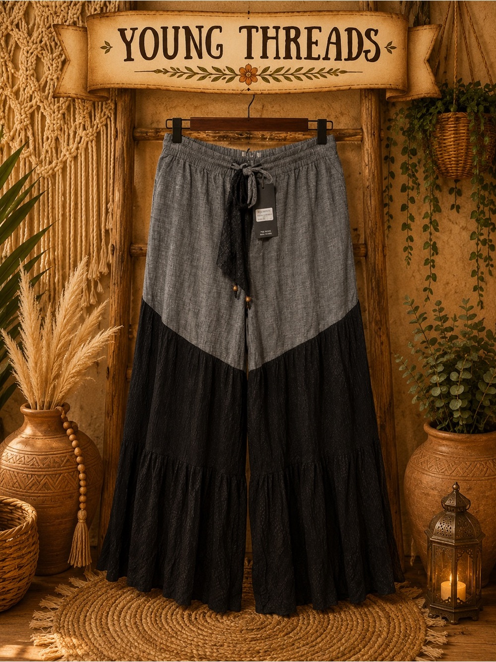 Young Threads Two-Tone Wide Leg Pants in Gray and Black